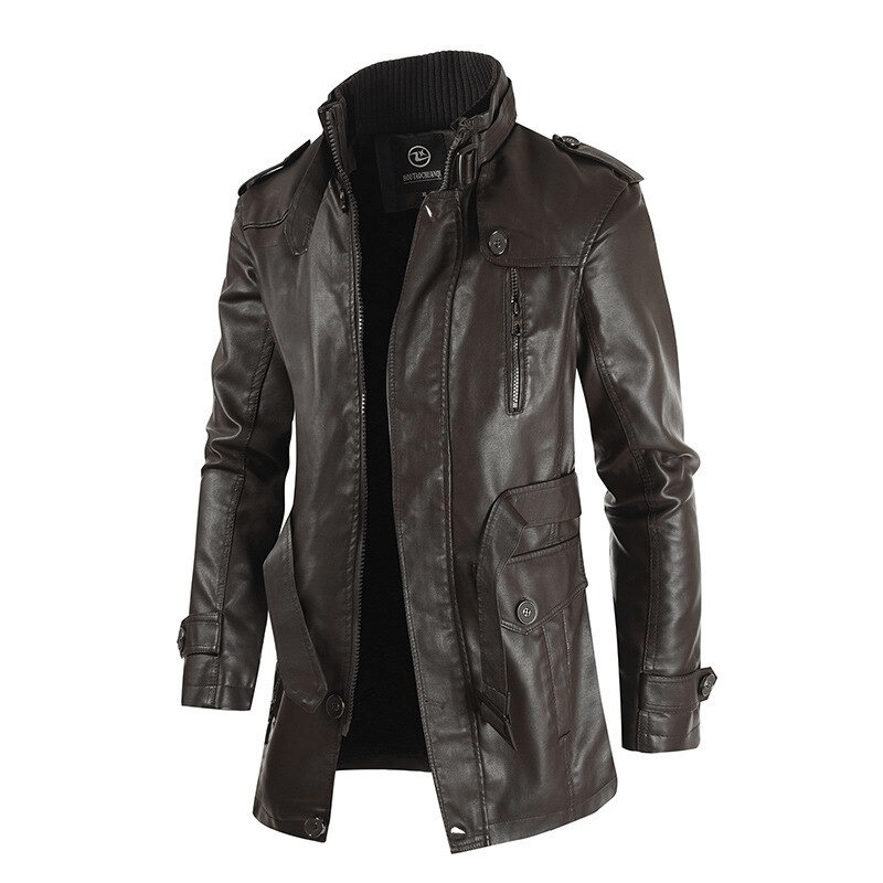 Stylish PU leather men's jacket in brown, featuring pockets and a belt for a rock-inspired look.
