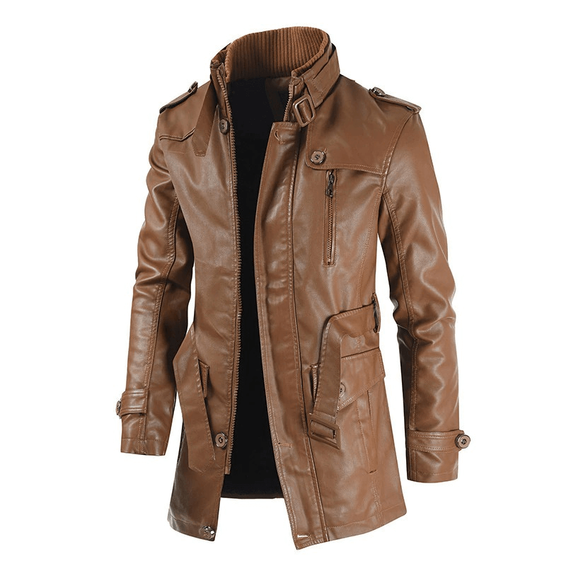 Stylish PU leather men's jacket in brown with belts and multiple pockets, perfect for rock style outfits.