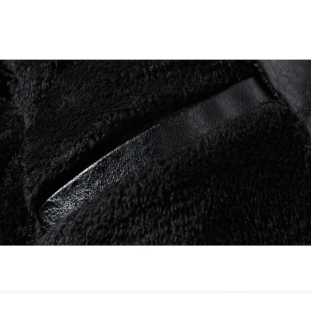 Close-up of a black PU leather men's jacket pocket with stylish belt detail, perfect for rock style outfits.