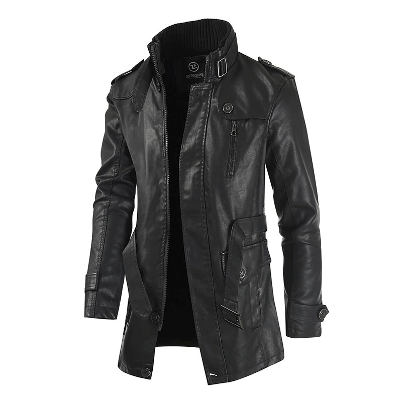 Stylish black PU leather men's jacket with belt and multiple pockets in rock style