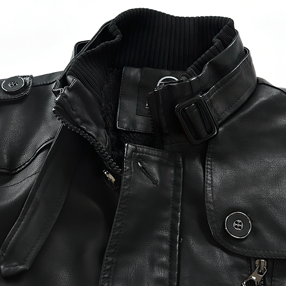 Stylish black PU leather men's jacket with belts and detailed collar design, perfect for rock style enthusiasts.