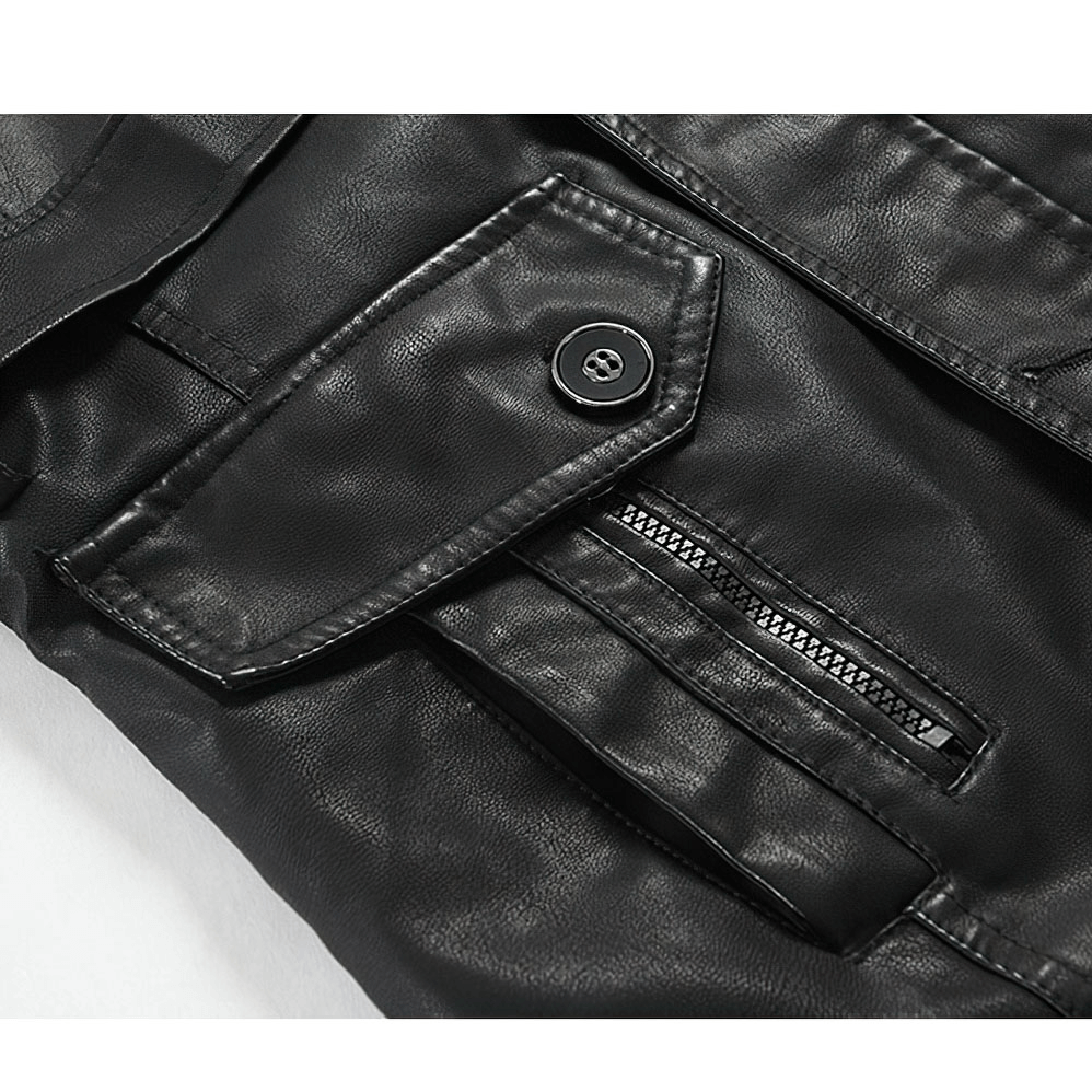 Close-up of PU leather men's jacket pocket, showcasing stylish rock style and functional design elements.