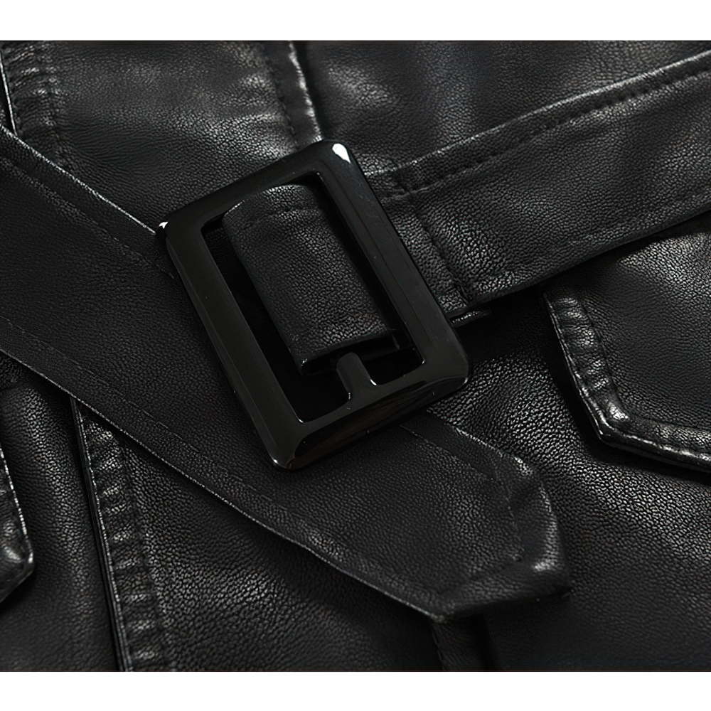 Close-up of the buckle detail on a PU leather men's jacket belt, showcasing rock style fashion.