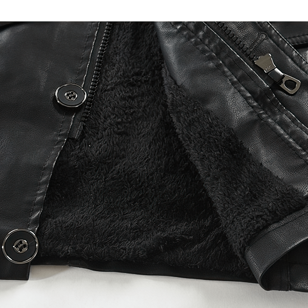 Close-up of the soft interior of a PU leather men's jacket, showcasing buttons and stylish inner lining.