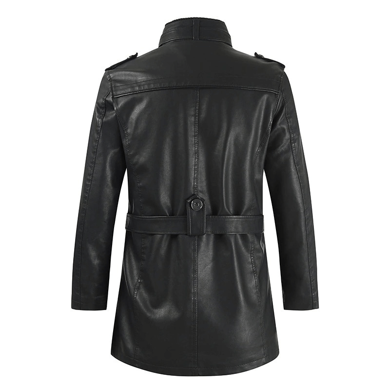 Stylish black PU leather men's jacket with belt, featuring a sleek back design and modern rock style.