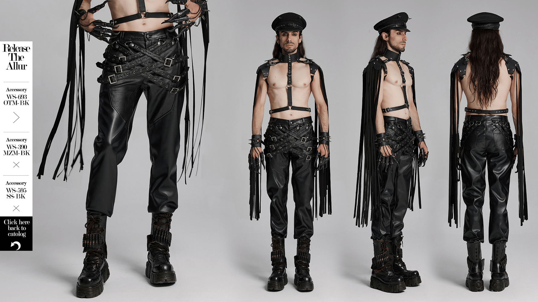 Edgy punk outfit featuring black leather pants with harness details and stylish accessories for a bold streetwear look.