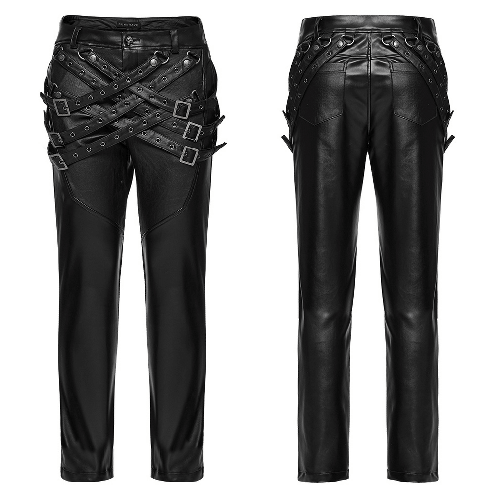 Black PU leather pants with adjustable buckle details and punk style for edgy streetwear looks.