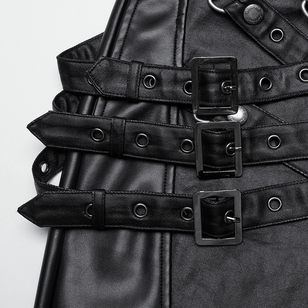 Close-up of adjustable buckle details on black PU leather pants with punk style design. Perfect for edgy outfits.