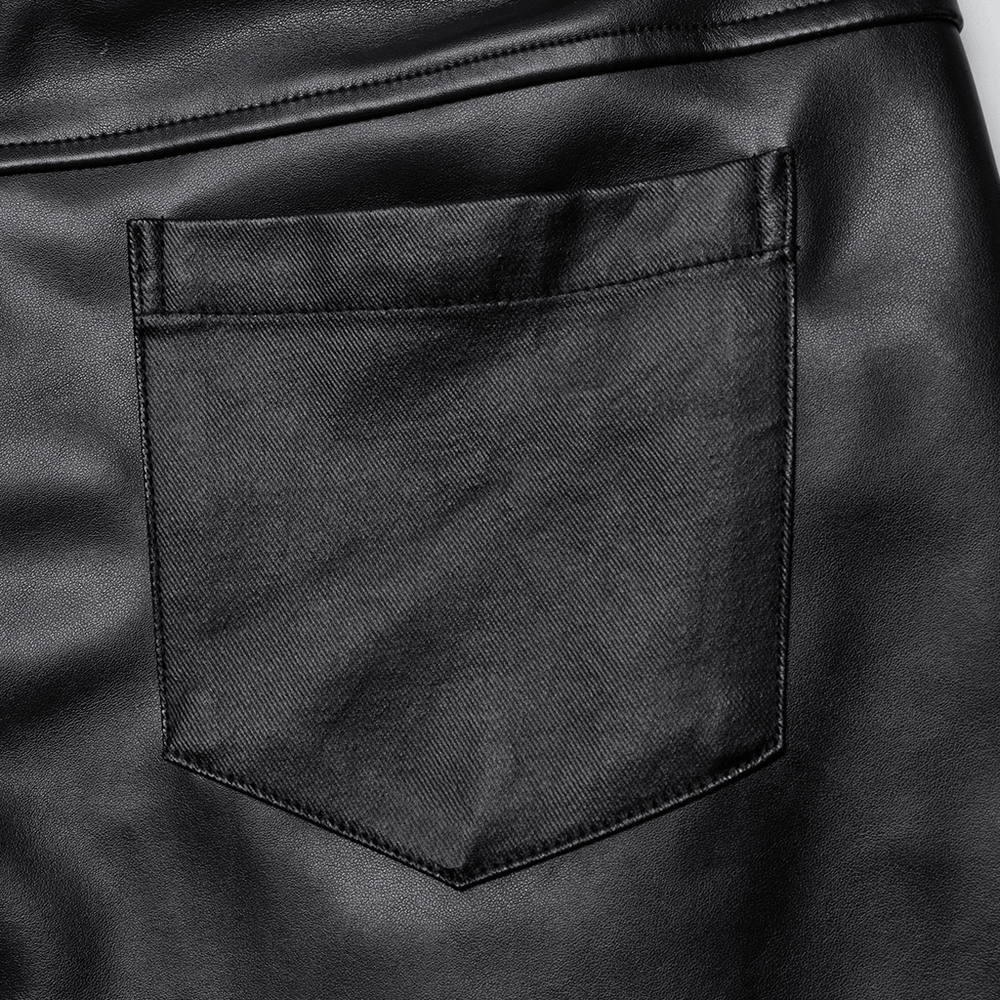 Close-up of the back pocket detail on black PU leather pants, showcasing sleek punk style and premium fabric texture.