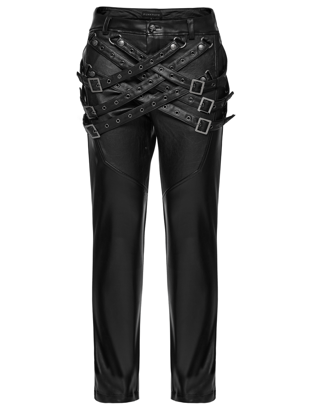 black PU leather pants with adjustable buckle details and punk style for edgy streetwear outfits.