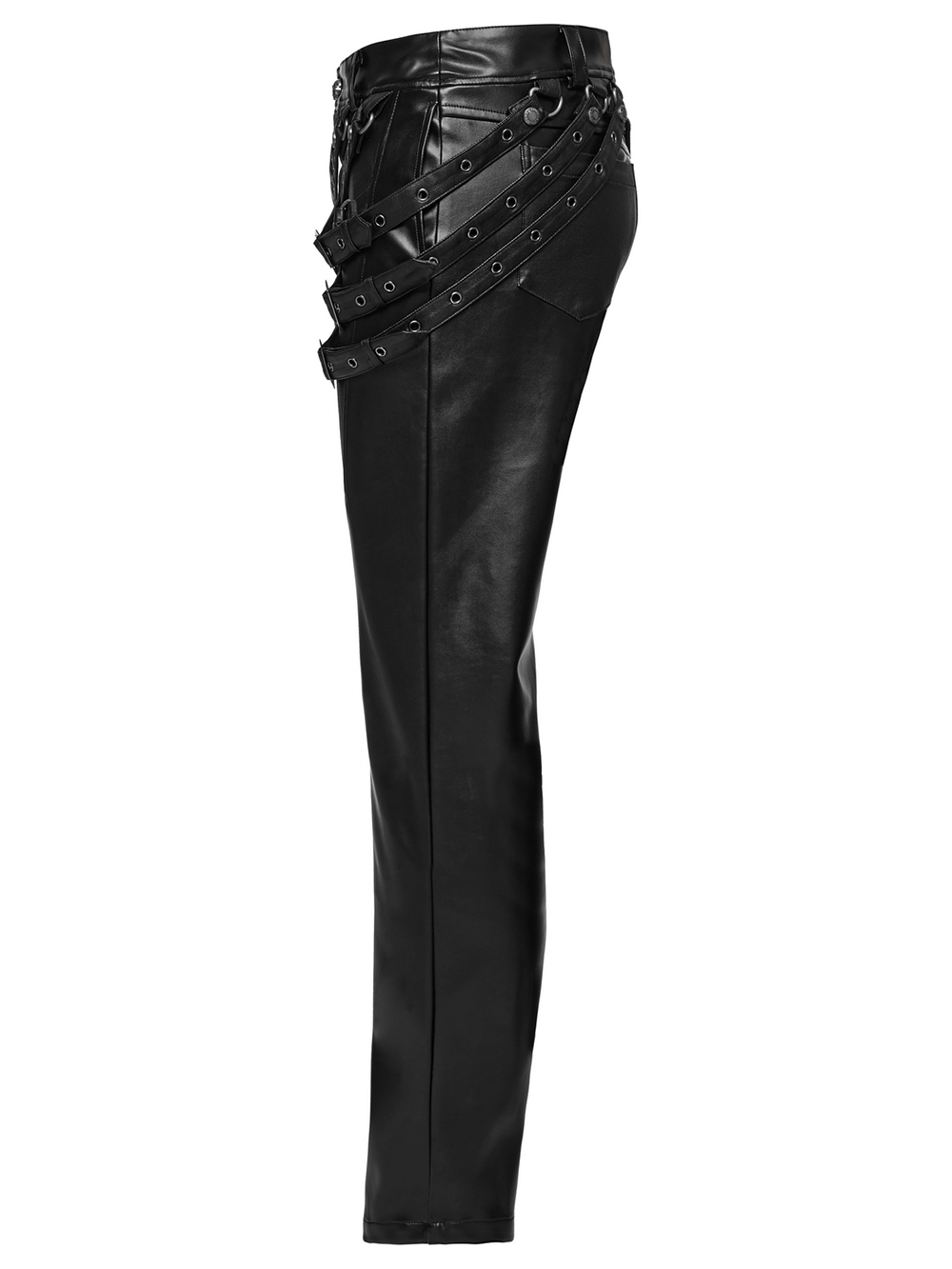 Black PU leather pants with adjustable buckle details for a punk edge, featuring staggered loops and a sleek fit.