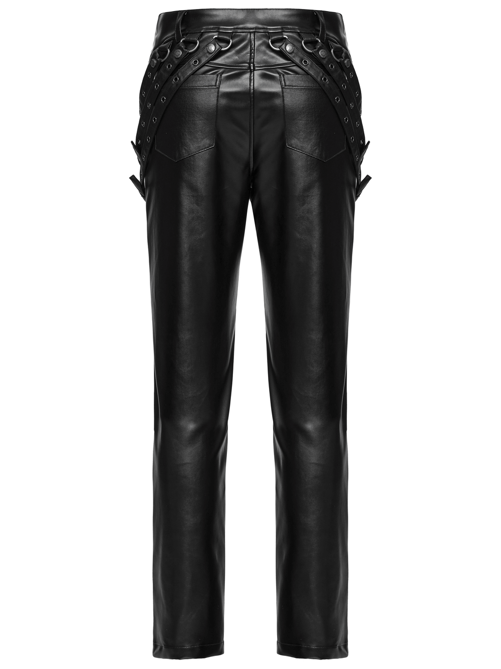 Black PU leather pants with punk buckle details, showcasing a bold, edgy streetwear style from the back.