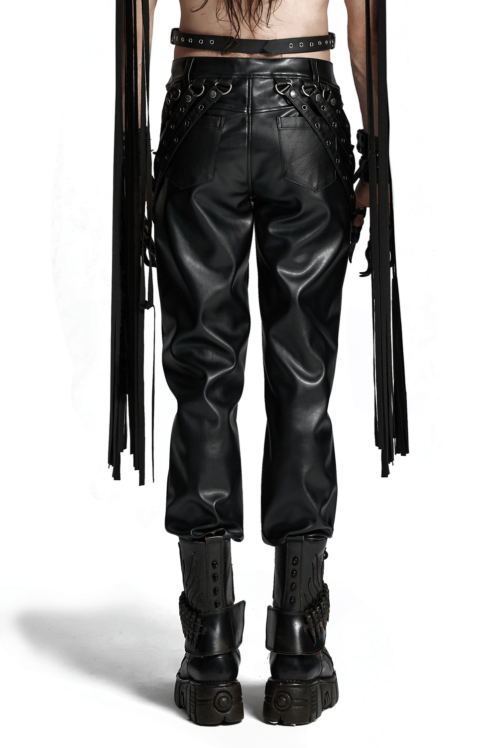 Back view of black PU leather pants with adjustable buckle details and edgy fringe accessories. Perfect for punk style.