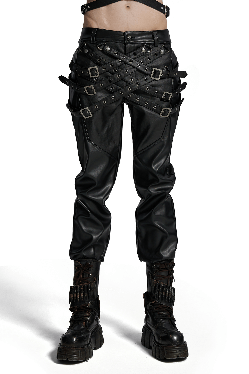 Black PU leather pants with buckle details, featuring adjustable loops for a punk-inspired streetwear look.