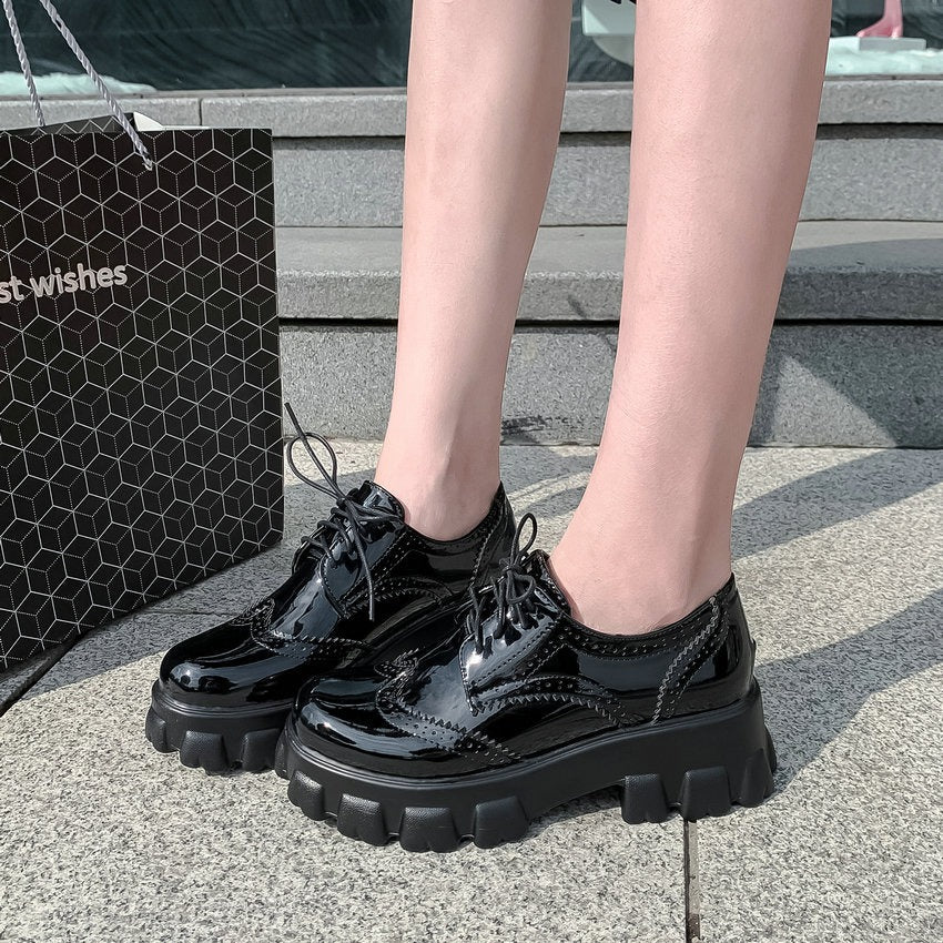 Stylish PU patent leather platform women's shoes with square heel and round toe, perfect for edgy spring and autumn looks.
