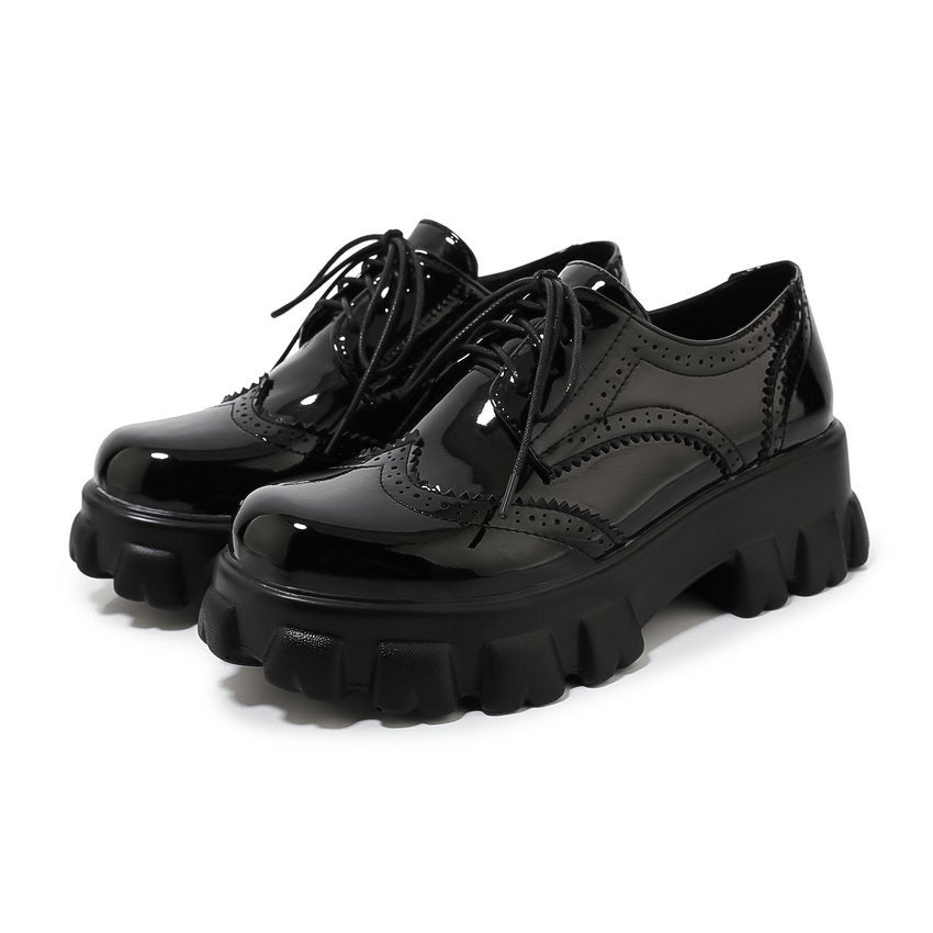 Stylish black PU patent leather platform shoes with square heel and round toe, perfect for alternative fashion.