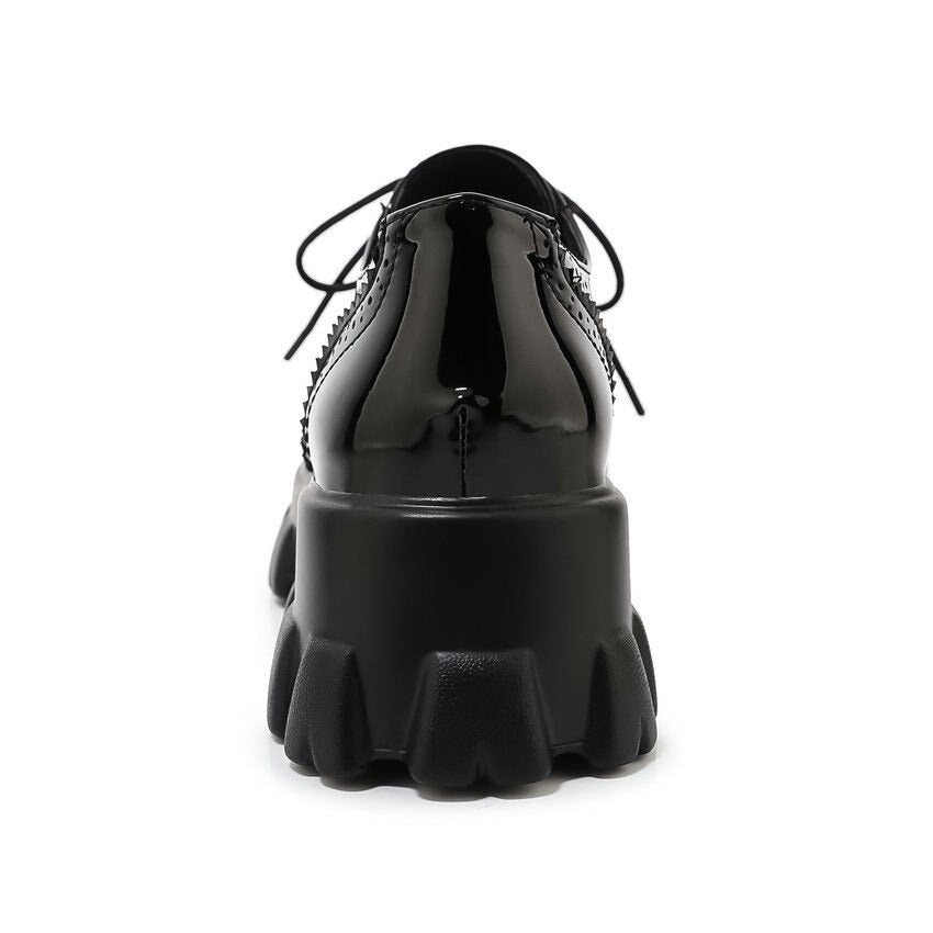 Black PU patent leather platform shoes with square heel, round toe, and laces, perfect for edgy alternative fashion.
