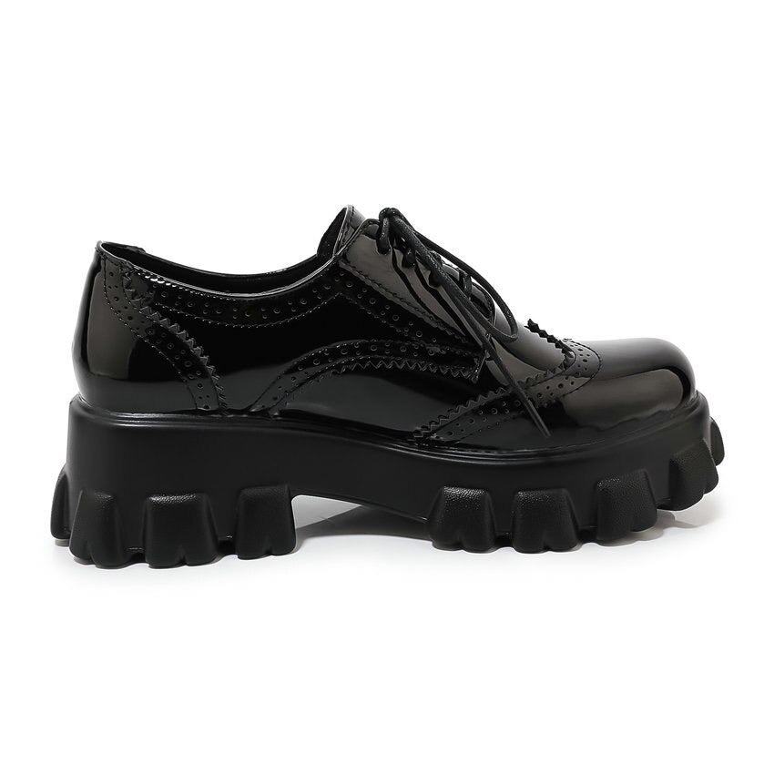 Stylish black PU patent leather platform women's shoes with square heel and round toe, perfect for edgy spring and autumn outfits.