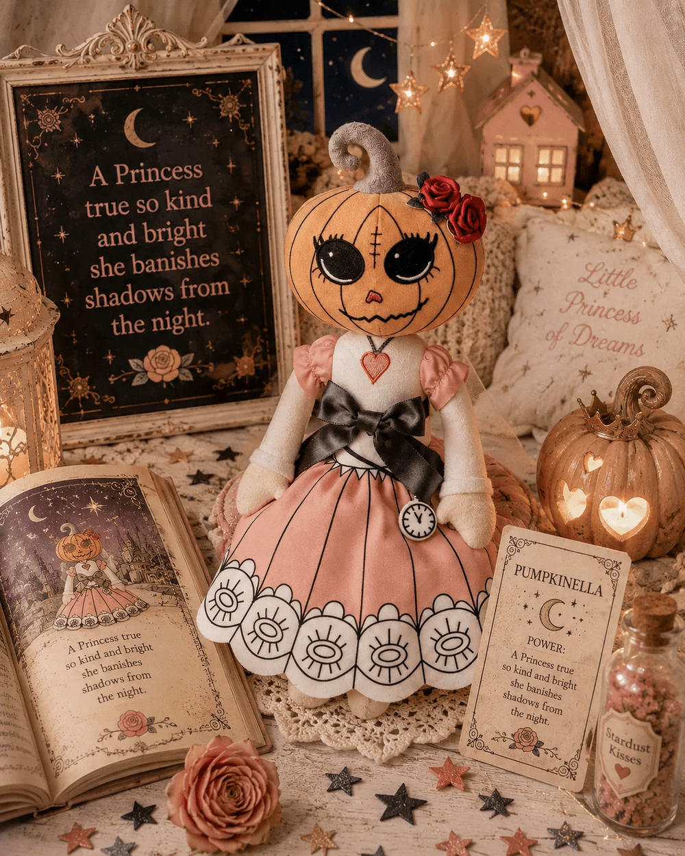 Pumpkin Head Princess Doll Bedtime Keepsake surrounded by whimsical decor and bedtime stories.