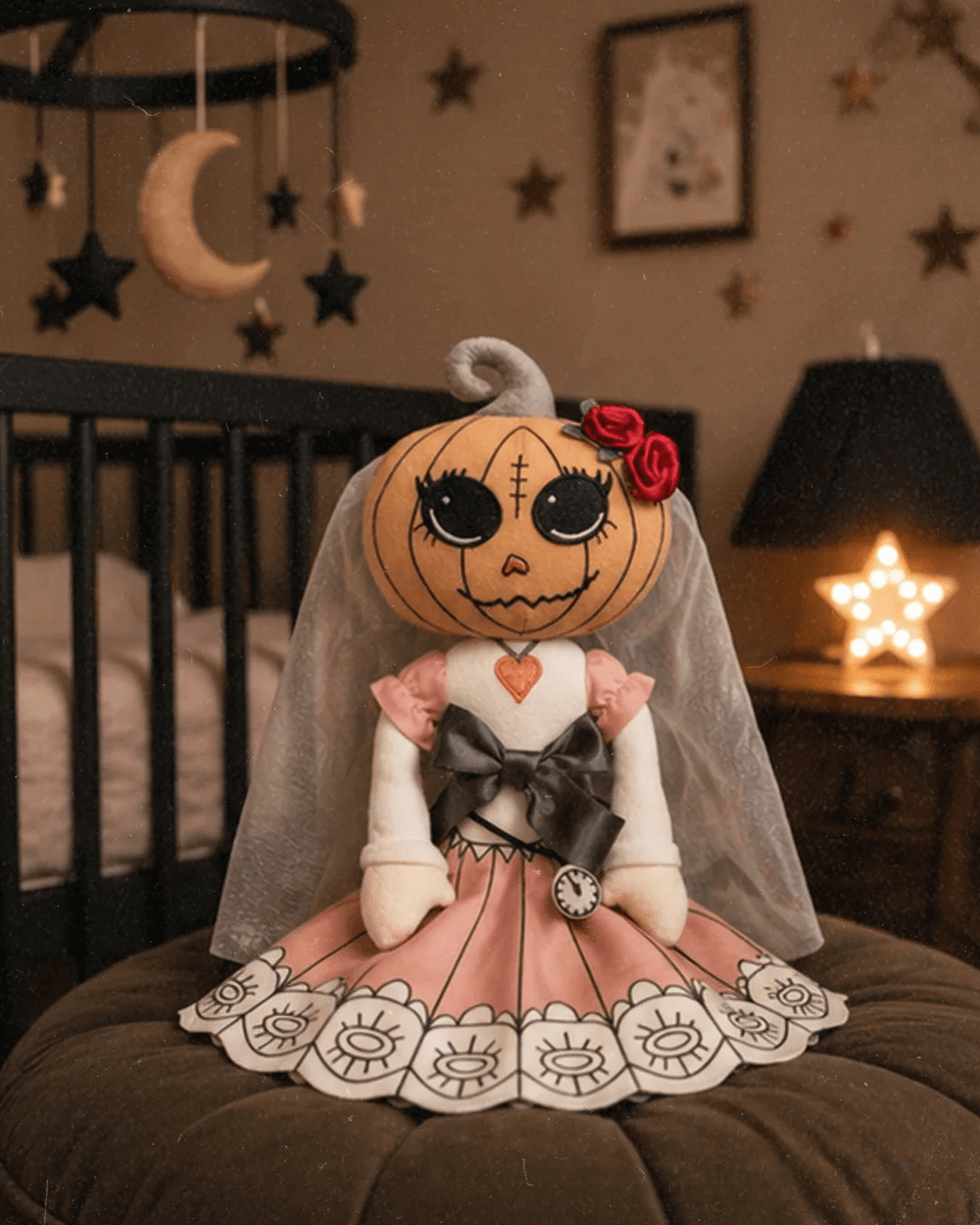 Pumpkin Head Princess Doll Bedtime Keepsake plush toy with a pumpkin head and pink dress, perfect for Halloween.