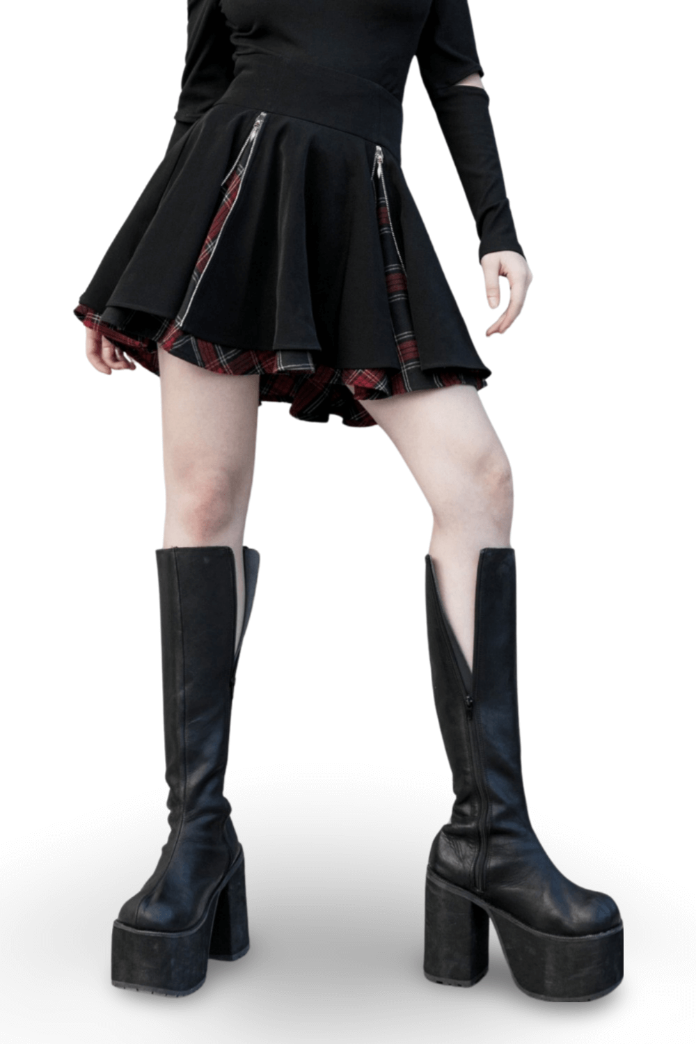 Punk A-Line skirt with side zippers and plaid detail, paired with stylish knee-high platform boots.