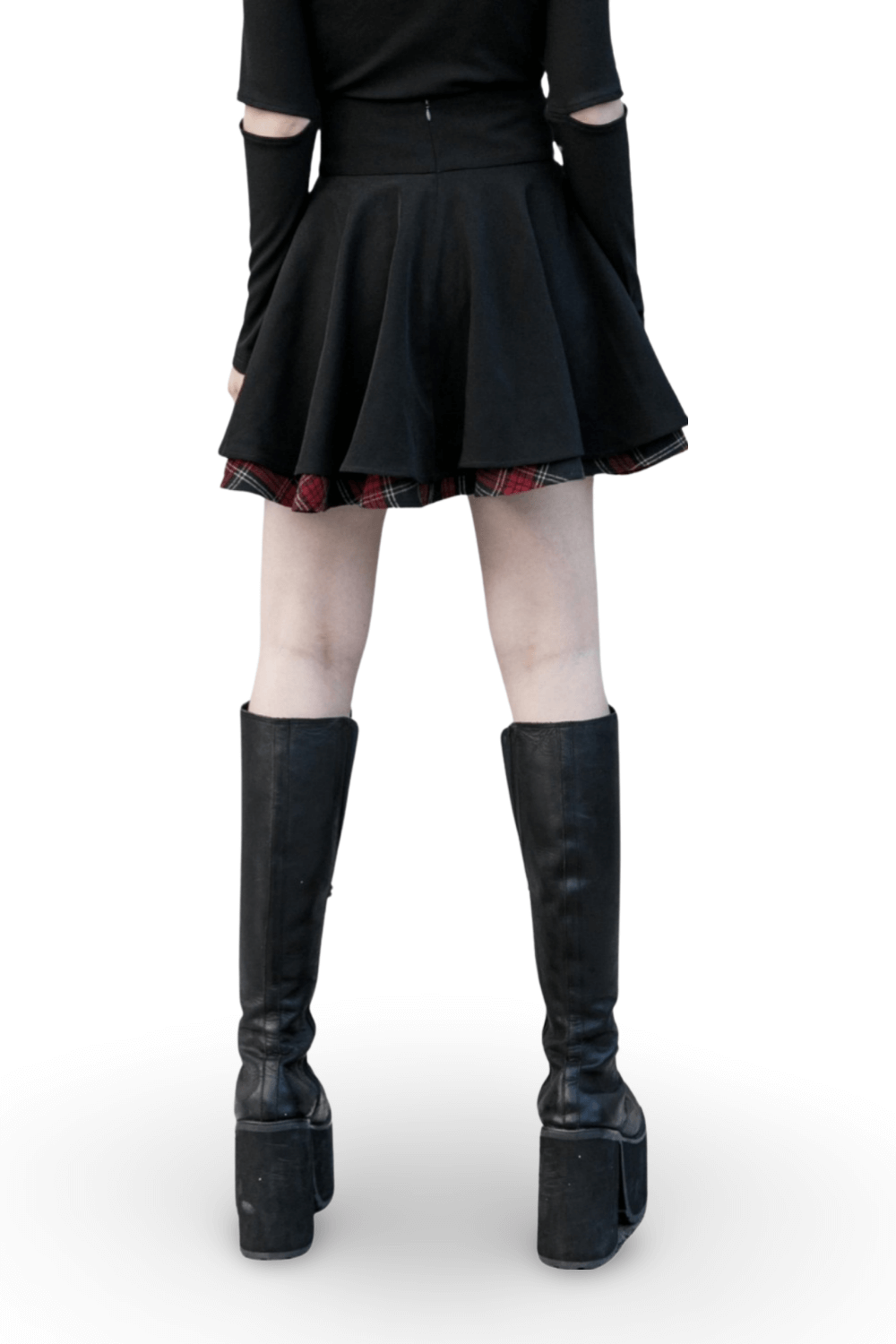 Back view of a black Punk A-Line skirt with red plaid detail, paired with knee-high black platform boots.