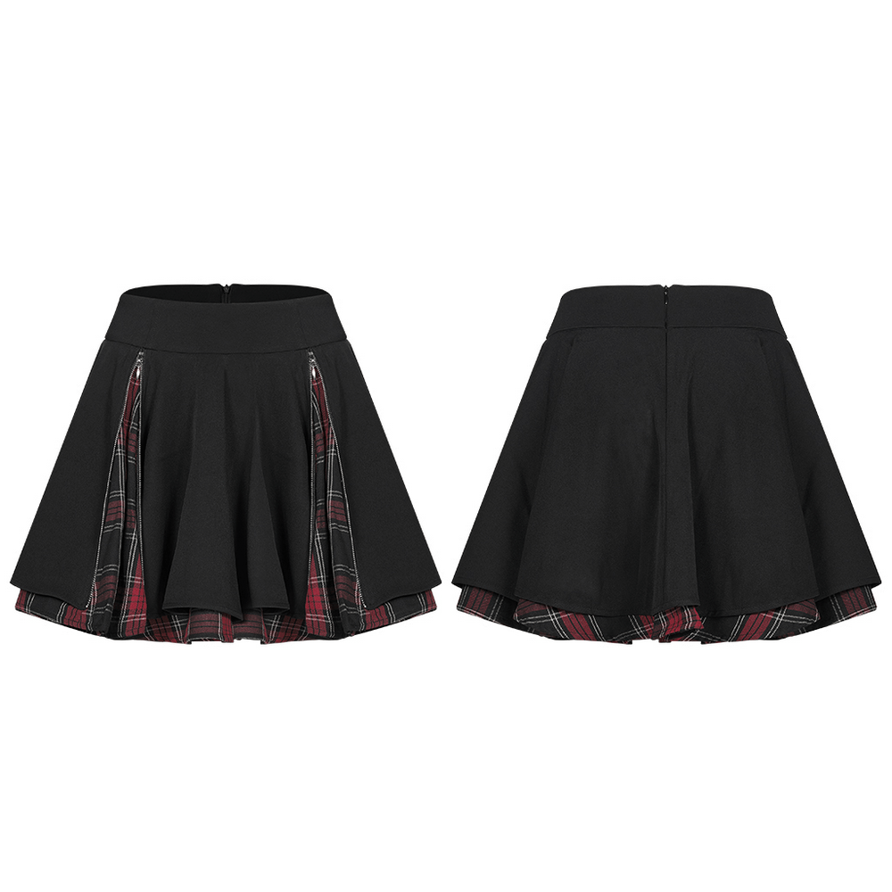 Punk A-Line skirt featuring red and black plaid detail, front zippers, and a flattering swing silhouette.