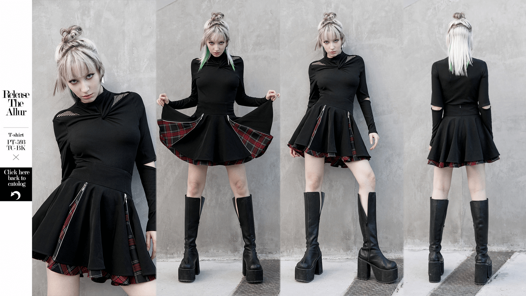 Punk A-Line Skirt with Side Zippers and Plaid Detail