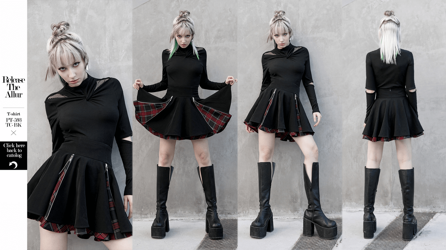 Model showcasing a black and red plaid punk A-line skirt with side zippers in a stylish urban setting.