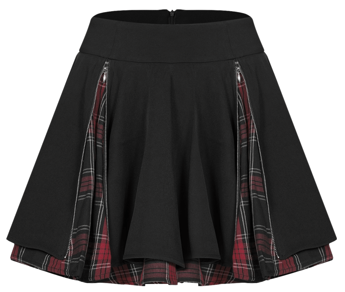 Punk A-Line Skirt with Side Zippers and Plaid Detail