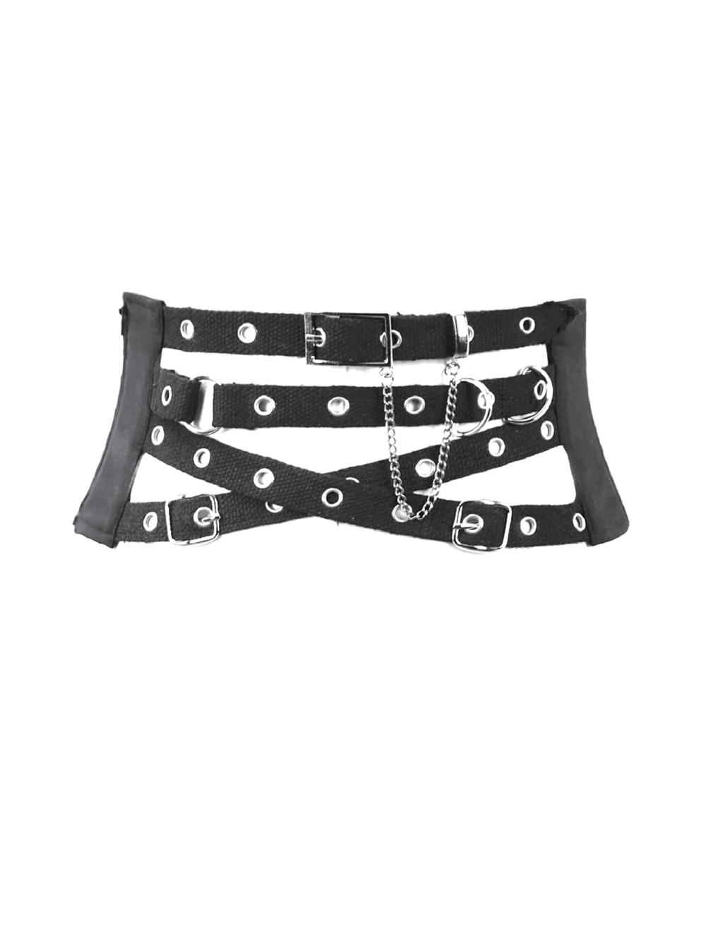 Punk Adjustable Harness Waist Belt with Buckles and Chain featuring grommets and a detachable chain for edgy style.
