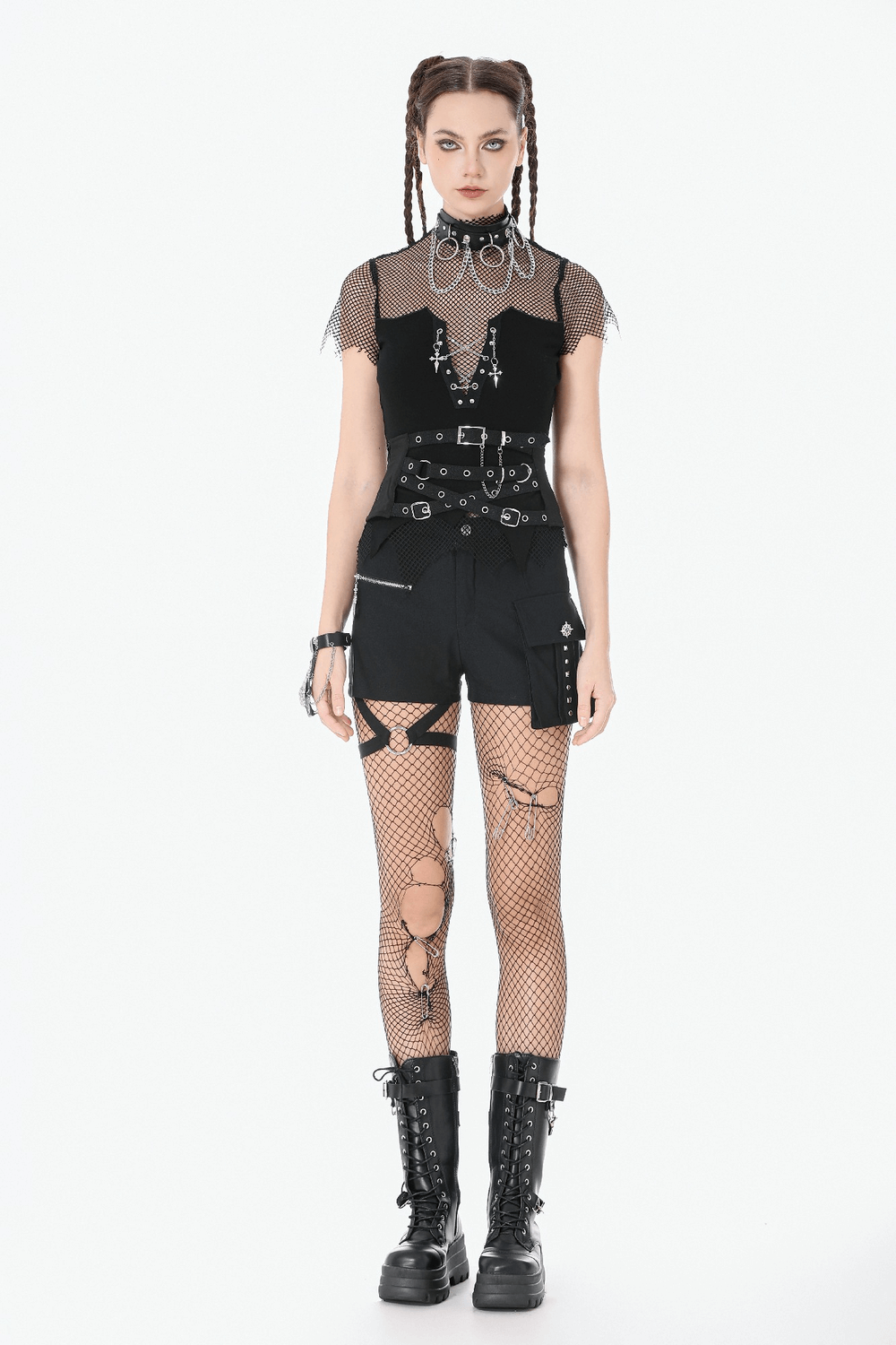 Punk Adjustable Harness Waist Belt with Buckles and Chain styled with fishnet tights and combat boots.