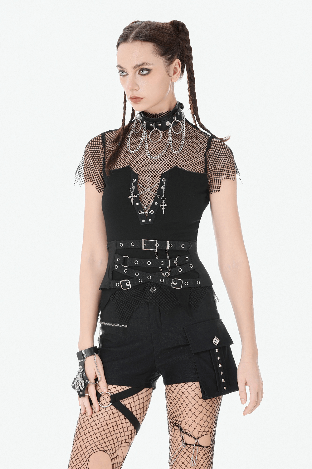 Punk Adjustable Harness Waist Belt with Buckles and Chain worn over edgy outfit, featuring fishnet and gothic accessories.