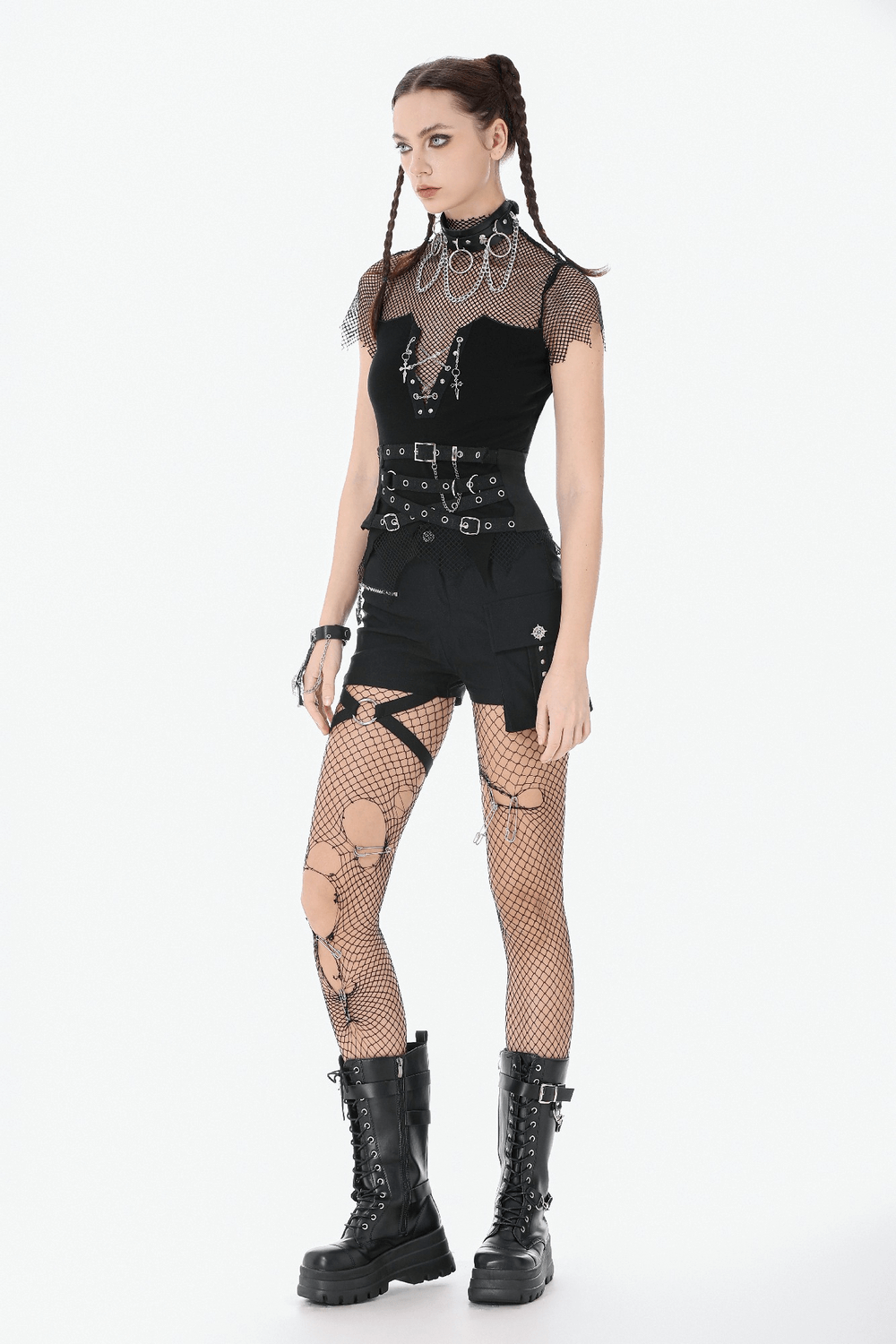Punk Adjustable Harness Waist Belt with Buckles and Chain worn over an edgy outfit with fishnet tights and combat boots.