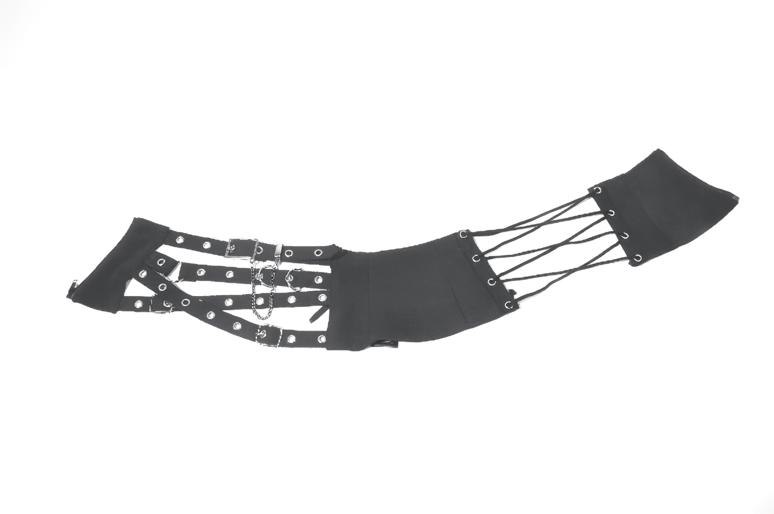 Punk Adjustable Harness Waist Belt with Buckles and Chain featuring strappy design and lace-up detail.