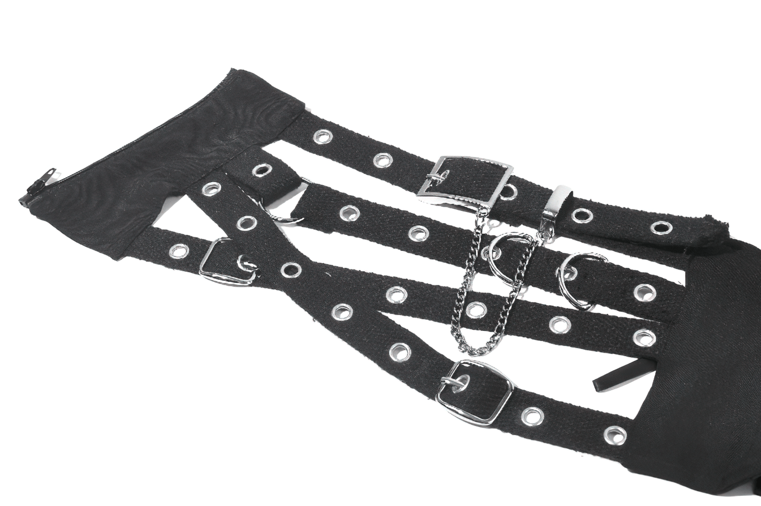 Punk Adjustable Harness Waist Belt with Buckles and Chain showcasing straps, grommets, and a detachable chain.