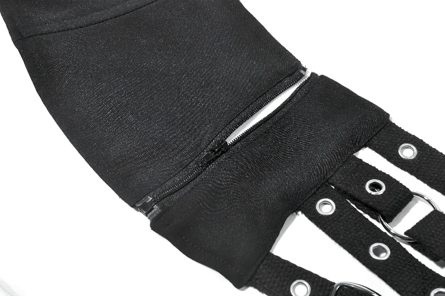 Punk Adjustable Harness Waist Belt with Buckles and Chain featuring grommets, straps, and zipper detail.