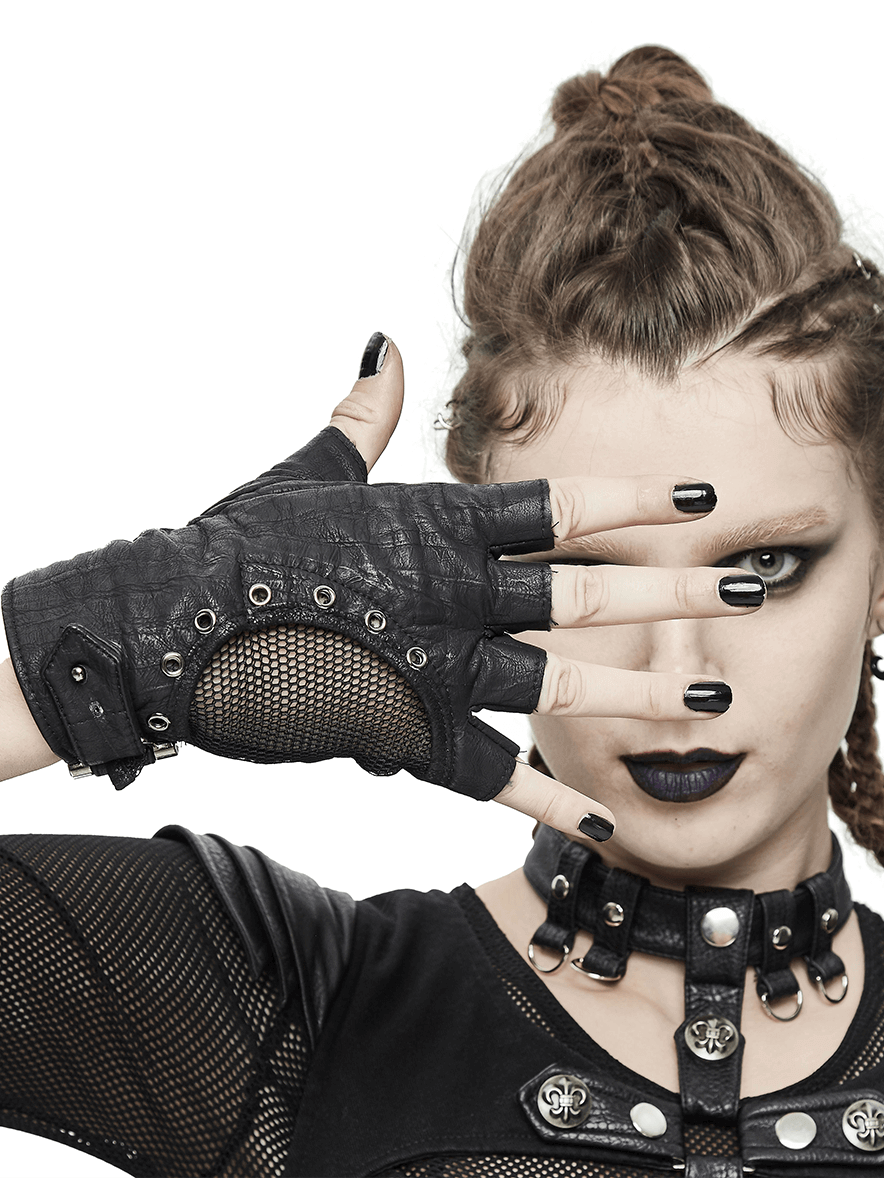 Punk Adjustable Straps Fingerless Gloves / Black PU Leather Mesh Gloves in Gothic Style - HARD'N'HEAVY