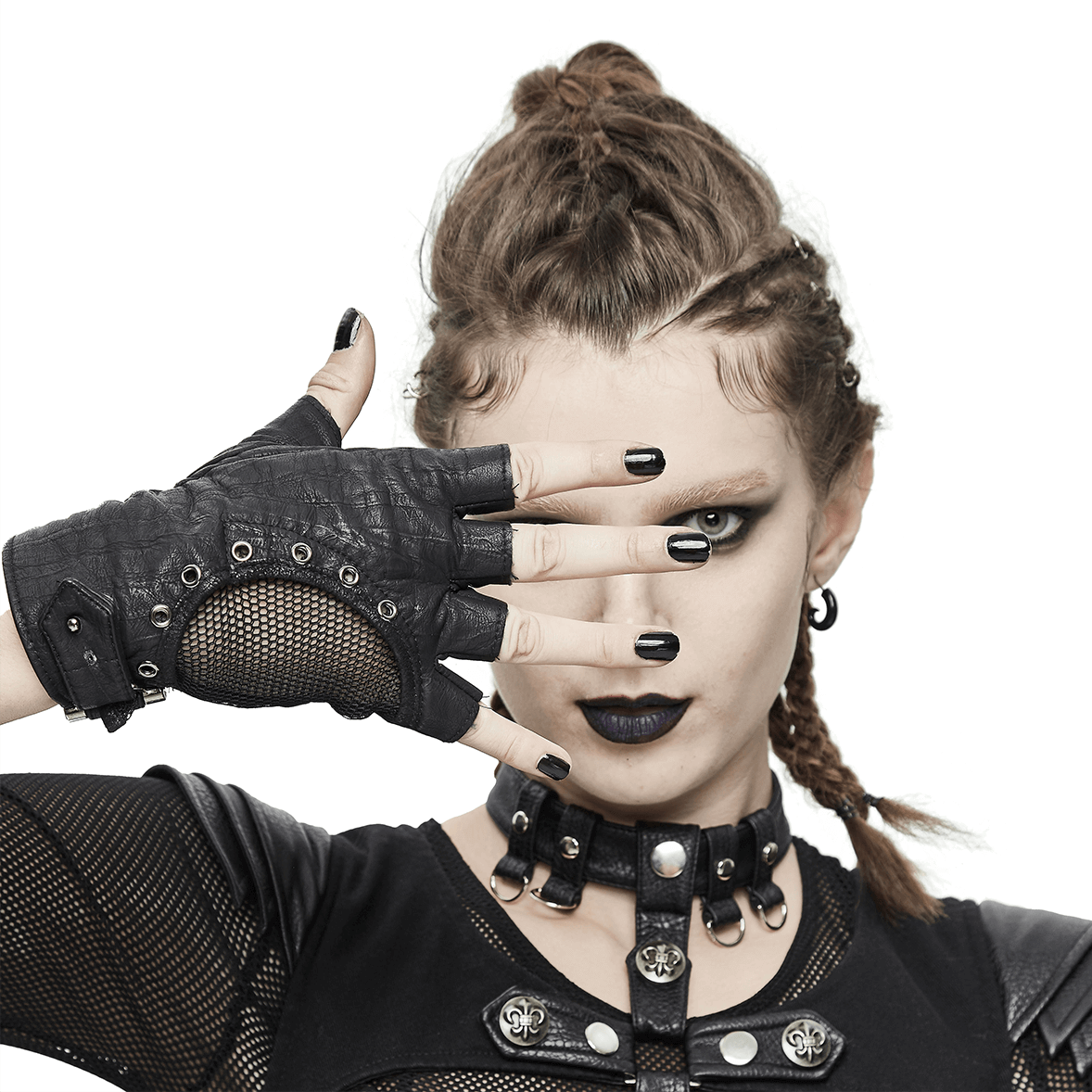 Punk Adjustable Straps Fingerless Gloves / Black PU Leather Mesh Gloves in Gothic Style - HARD'N'HEAVY