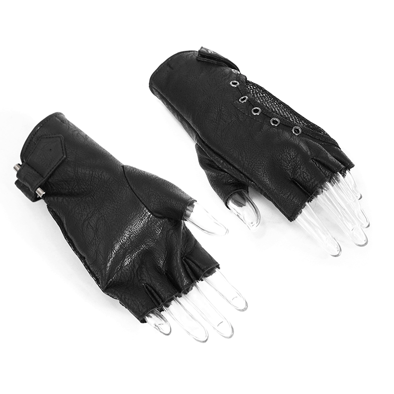 Punk Adjustable Straps Fingerless Gloves / Black PU Leather Mesh Gloves in Gothic Style - HARD'N'HEAVY