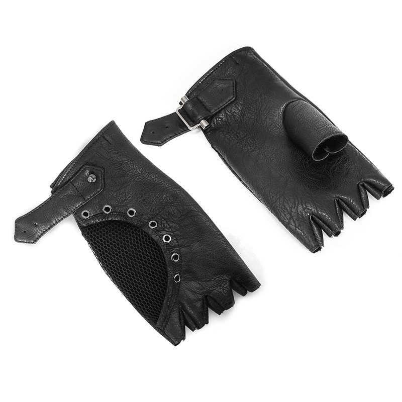 Punk Adjustable Straps Fingerless Gloves / Black PU Leather Mesh Gloves in Gothic Style - HARD'N'HEAVY