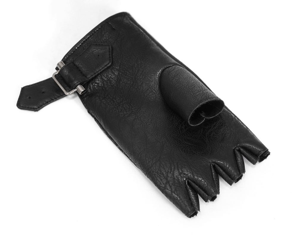 Punk Adjustable Straps Fingerless Gloves / Black PU Leather Mesh Gloves in Gothic Style - HARD'N'HEAVY