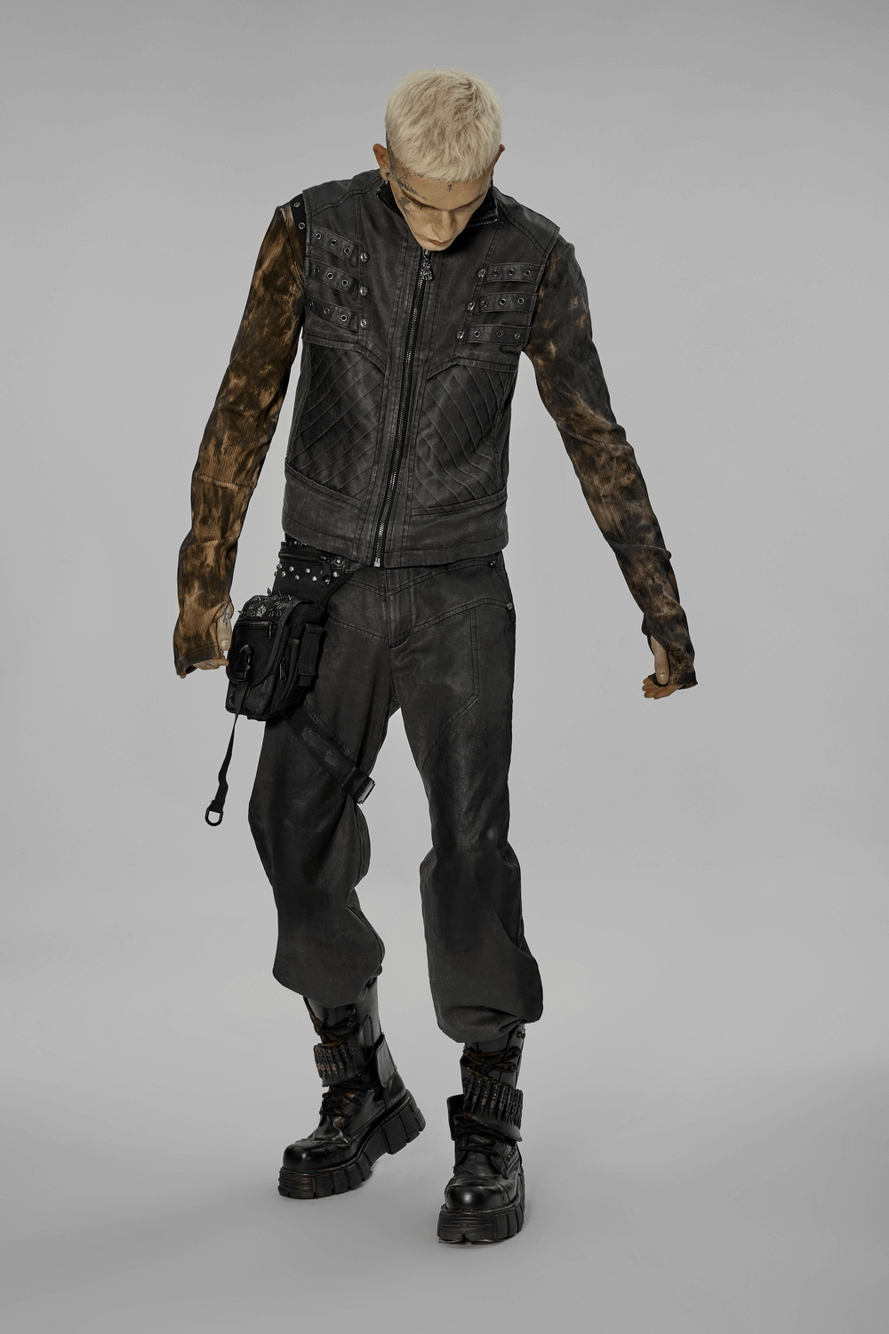 Stylish punk apocalypse outfit featuring a rugged leather jacket, cargo pants, and combat boots for a post-apocalyptic look.
