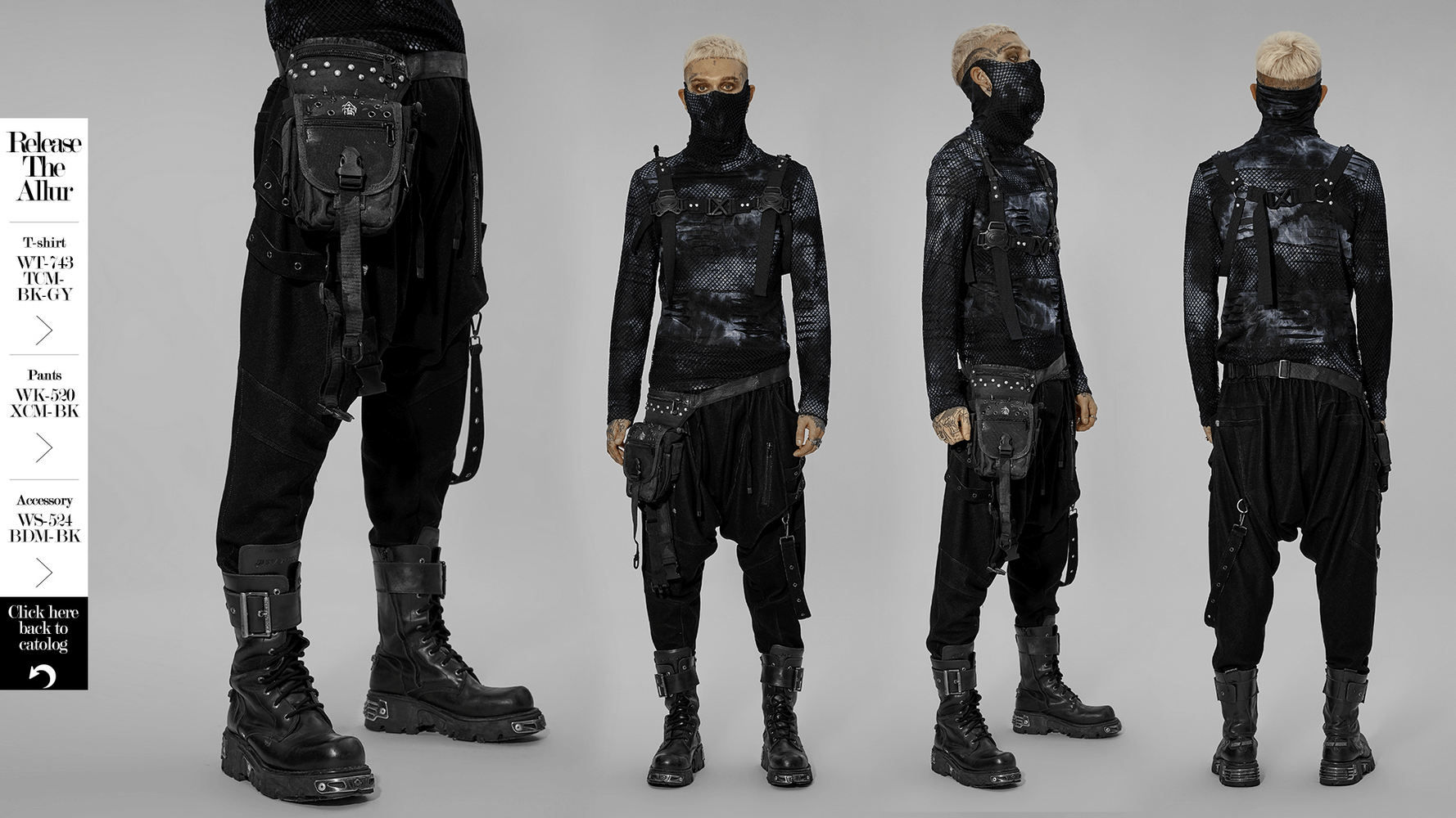 Model showcasing a punk-inspired black outfit with unique detailing, perfect for a post-apocalyptic style.