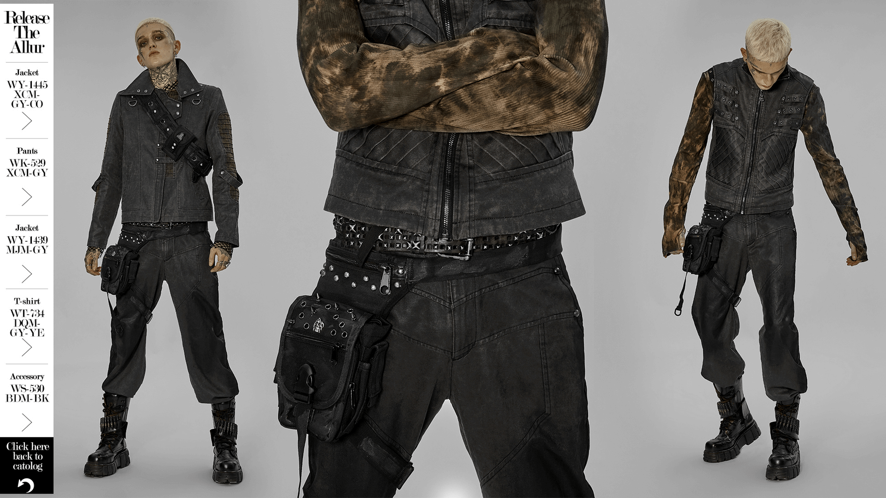 Model showcasing a punk-style waist bag with rivets and zippers, paired with edgy black attire and accessories.