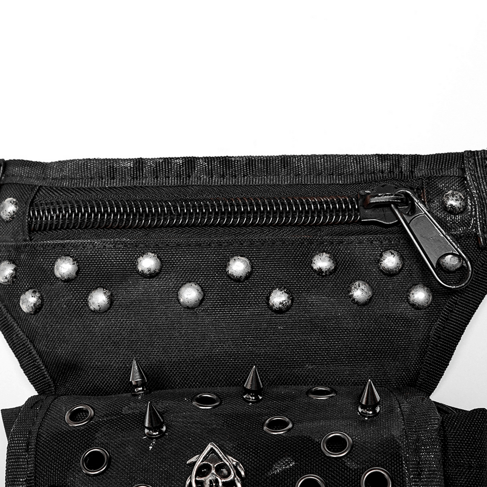Close-up of Punk Apocalypse Waist Bag featuring rivets, zippers, and rugged fabric for a rebellious style.