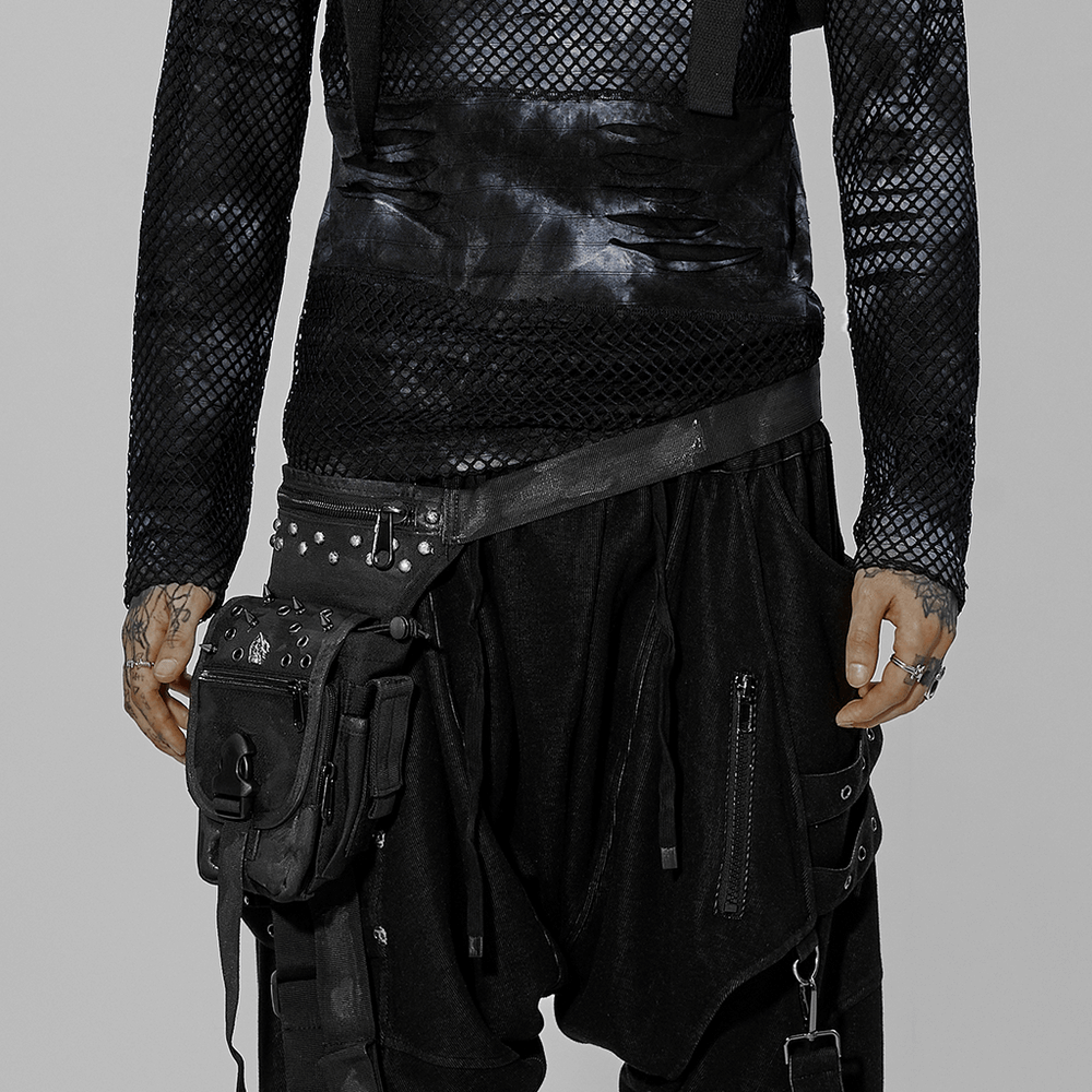 Punk Apocalypse Waist Bag featuring rivets and zippers, worn stylishly with edgy attire.