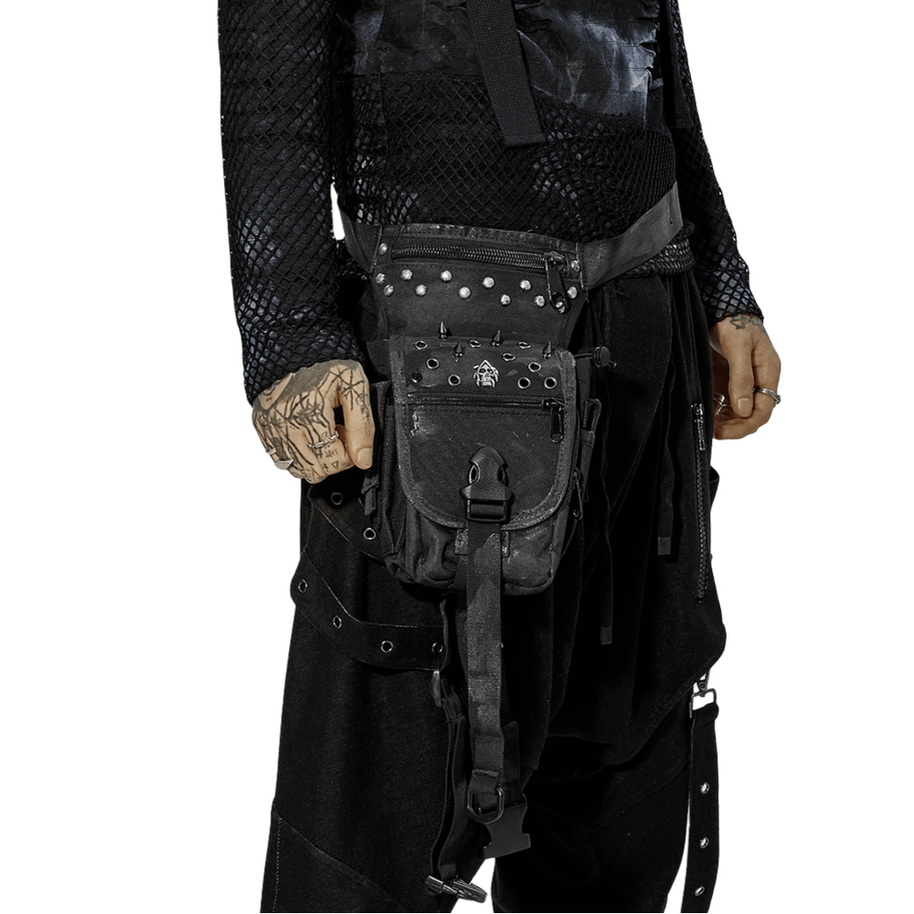 Punk Apocalypse Waist Bag with rivets and zippers, adjustable straps for ultimate scavenger style.