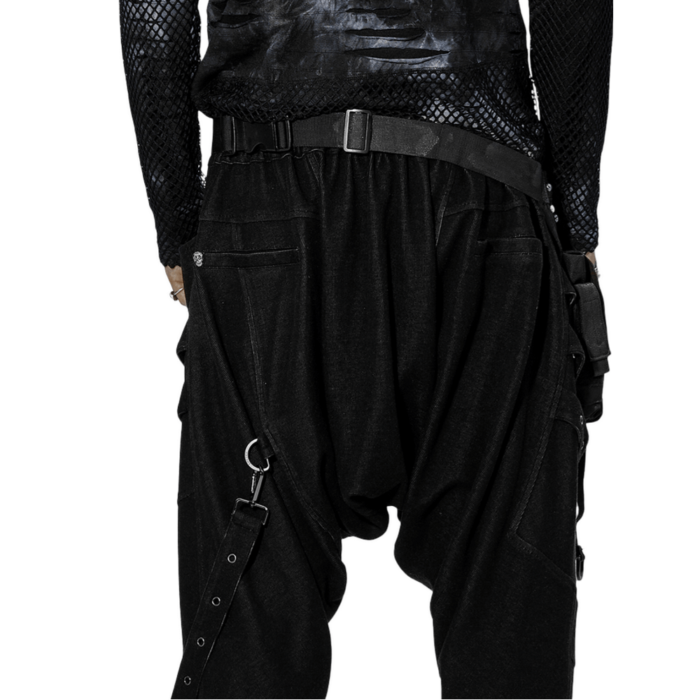 Stylish back view of punk-inspired baggy pants with adjustable straps and mesh top, perfect for a rebellious look.