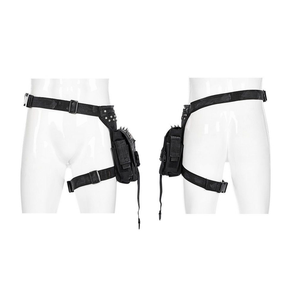 Punk Apocalypse Waist Bag with rivets and zippers, designed for stylish post-apocalyptic adventures on adjustable straps.
